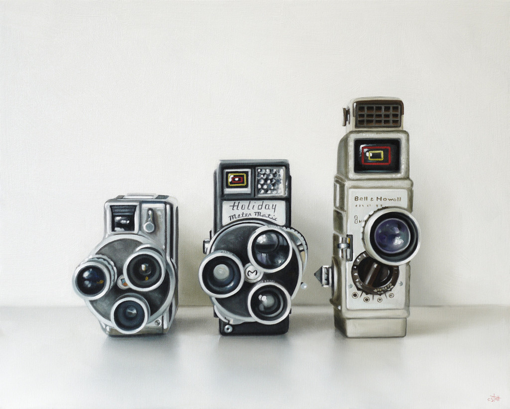Three Vintage 8mm movie cameras oil painting by Christopher Stott