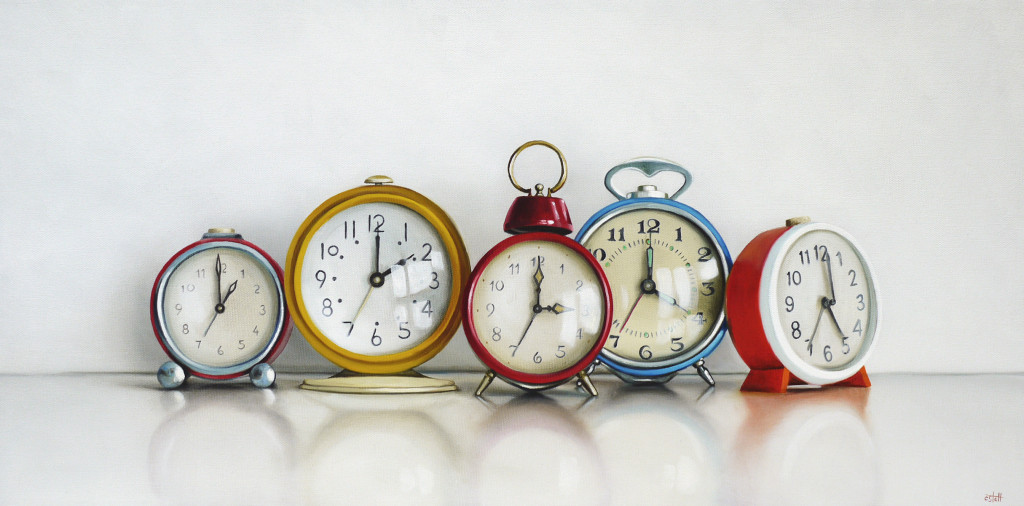 Five Vintage Alarm Clocks Oil Painting by Christopher Stott