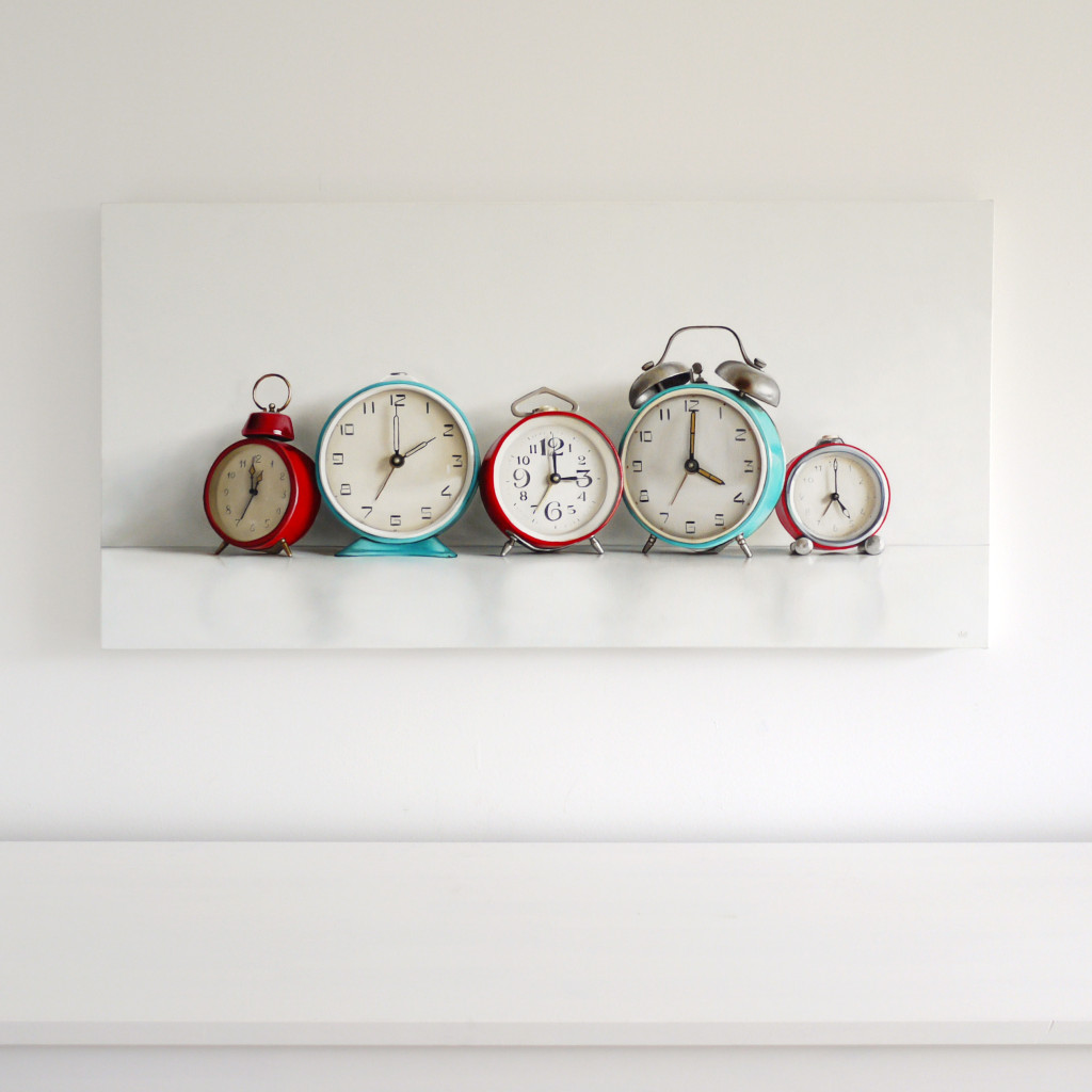 Five Vintage Alarm Clocks / 18 x 36 / oil on canvas / by Christopher Stott