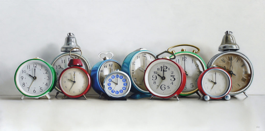 Ten Vintage Alarm Clocks Oil Painting by Christopher Stott