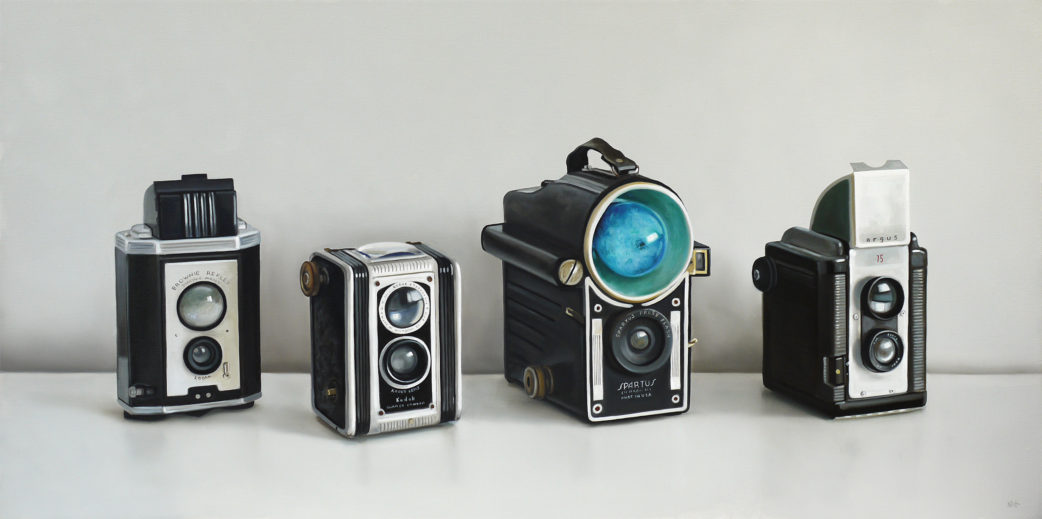 Four Vintage Cameras Oil Painting by Christopher Stott