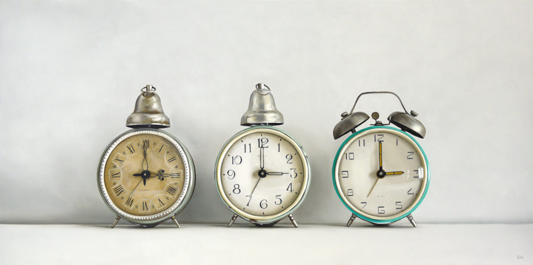 Three Vintage Alarm Clocks Oil Painting by Christopher Stott