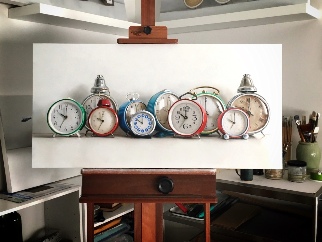 Ten Vintage Alarm Clocks Oil Painting by Christopher Stott