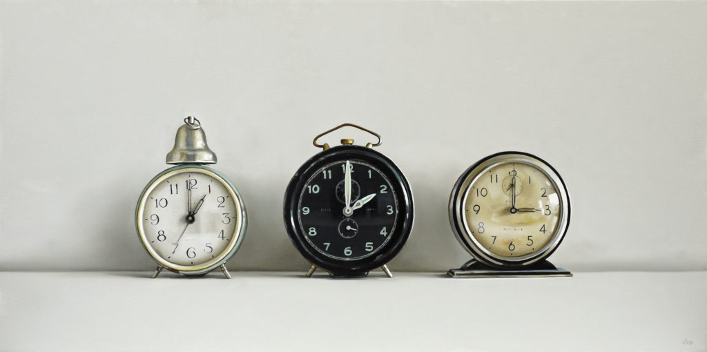 Three Vintage Clocks Oil Painting by Christopher Stott