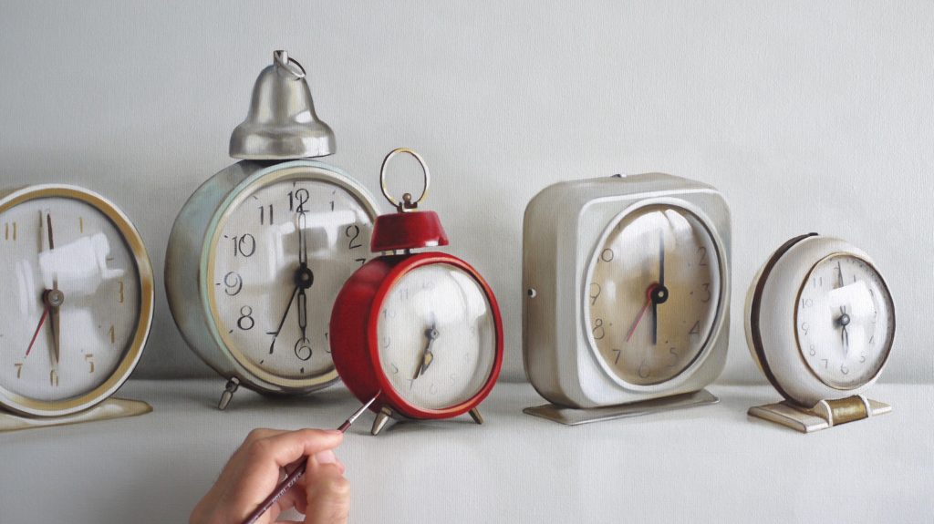 Vintage Alarm Clocks Painting in Progress by Christopher Stott